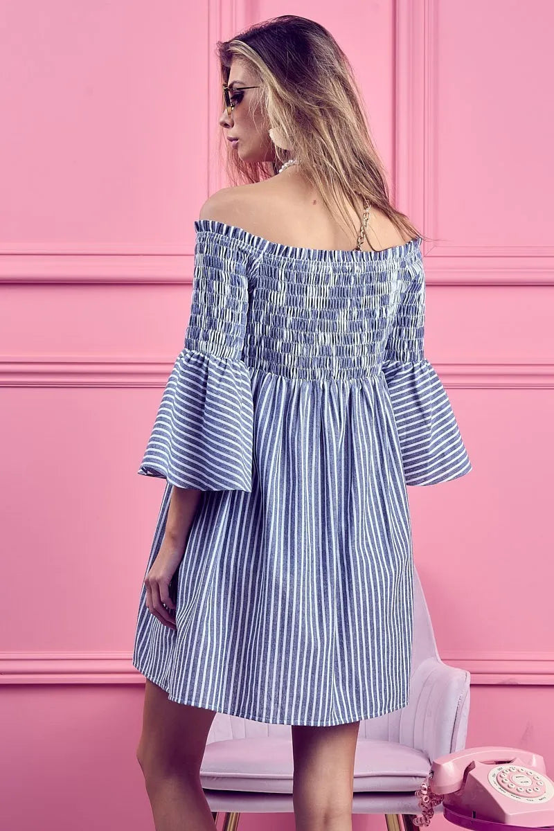 Image of BiBi Smocked Off Shoulder Striped Dress | Queeble.shop