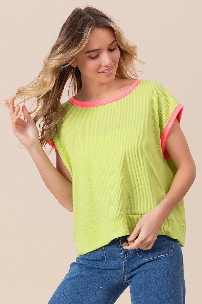 Image of BiBi Cord Rib Knit Contrast Banded Top | Queeble.shop
