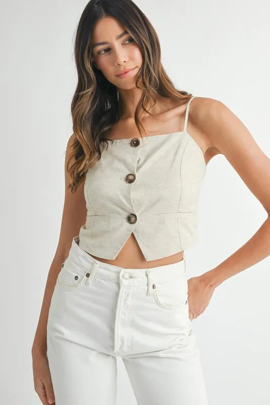 Image of MABLE Linen Mix Button Down Tank Top | Queeble.shop