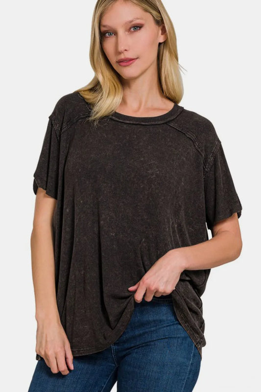 Image of Zenana Washed Ribbed Short Sleeve Top | Queeble.shop
