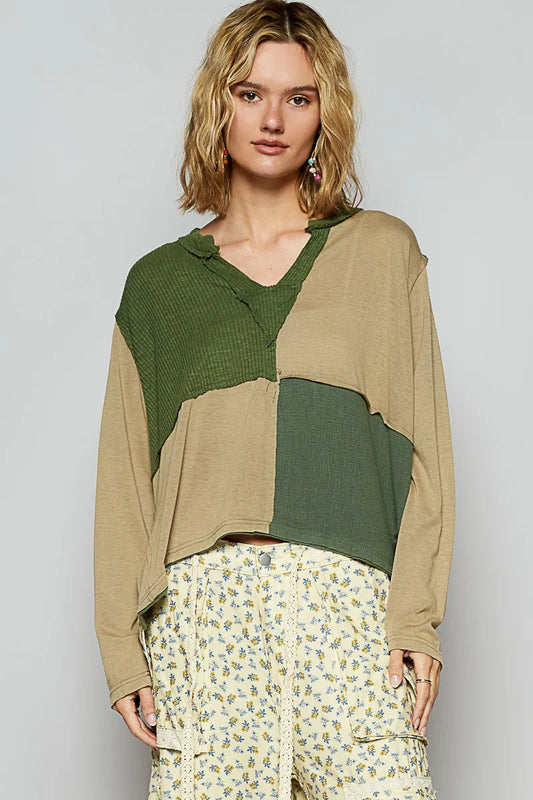 Image of POL Color Block Notched Long Sleeve T-Shirt | Queeble.shop