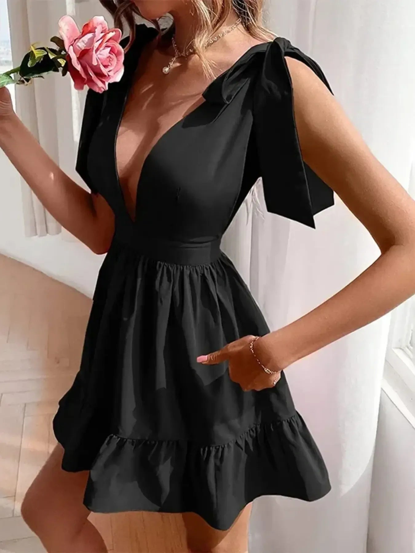 Image of Tie Shoulder Tiered Mini Dress | Queeble.shop