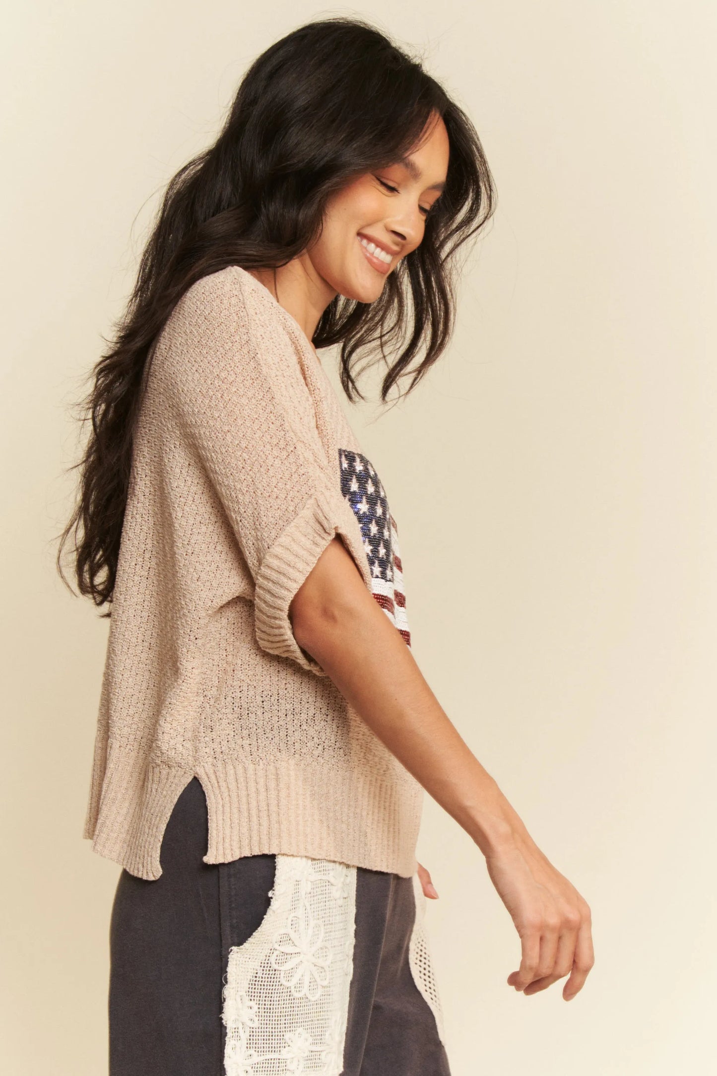 Image of Davi & Dani Sequin American Flag Patch Short Sleeve Knit Top | Queeble.shop