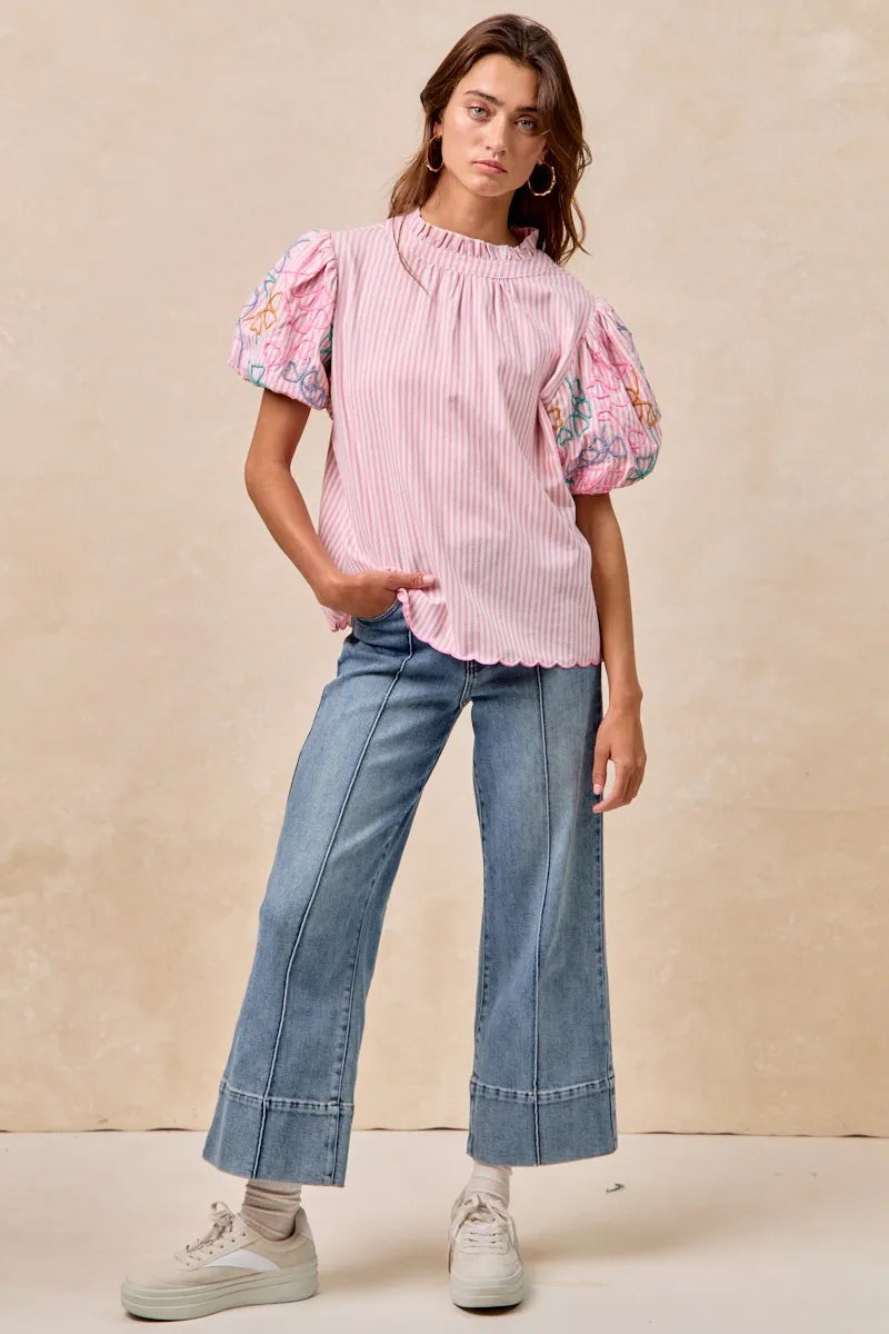 Image of BiBi Embroidery Bubble Sleeve Top With Bottom Scallop Detail | Queeble.shop