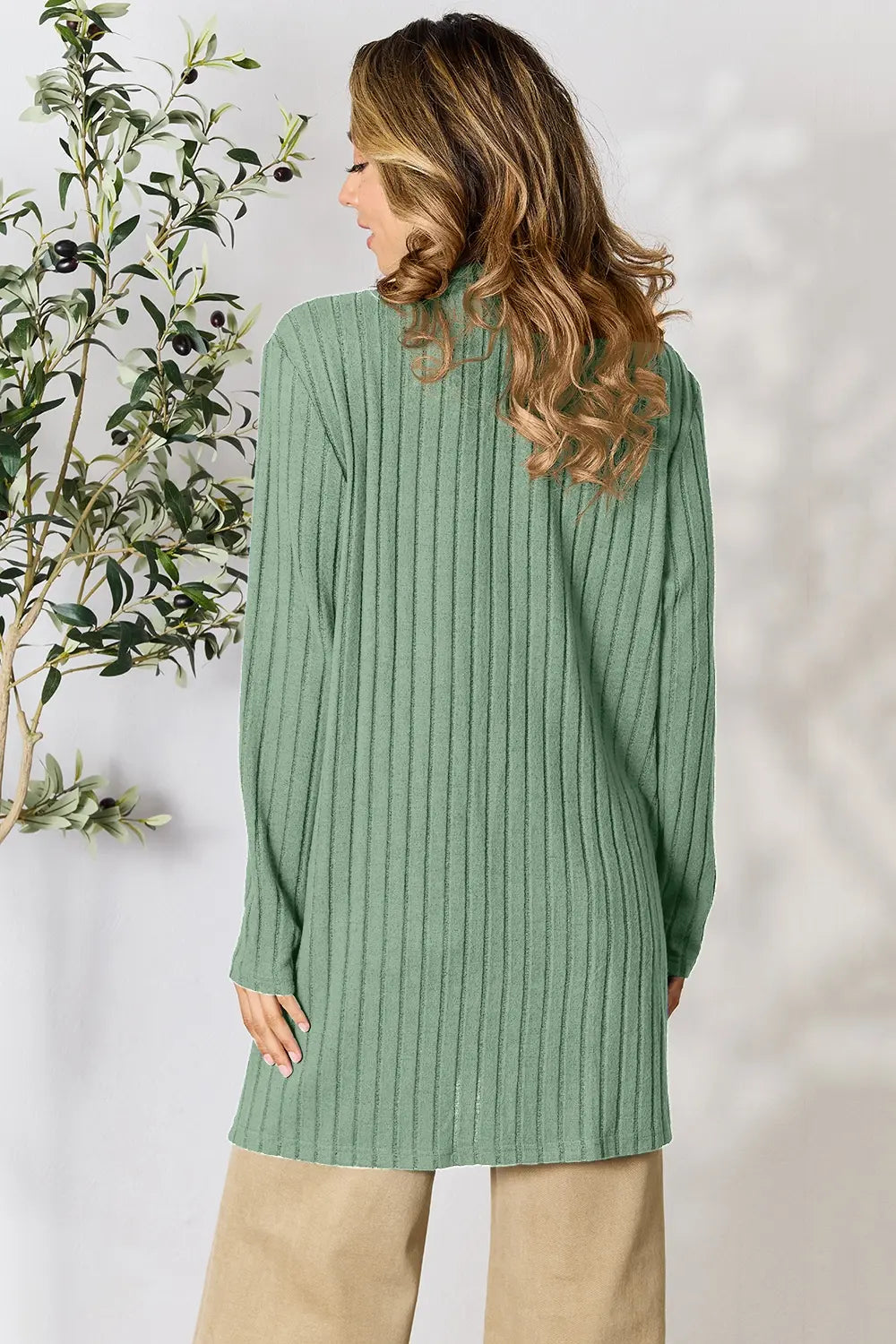 Image of Basic Bae Full Size Ribbed Open Front Cardigan with Pockets | Queeble.shop