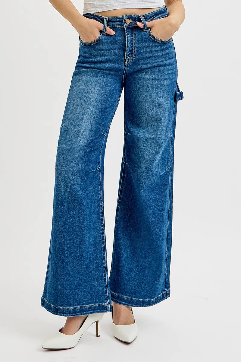 Image of RISEN Full Size High Rise Wide Leg Patch Detailed Jeans Plus Size | Queeble.shop