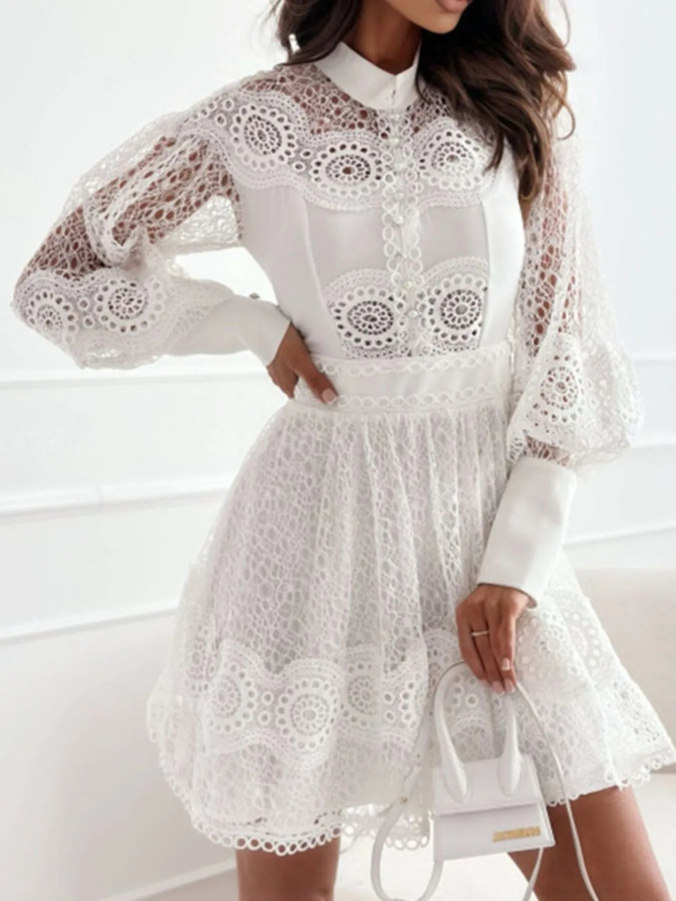 Image of Lace Lantern Sleeve Mini Dress | Queeble.shop