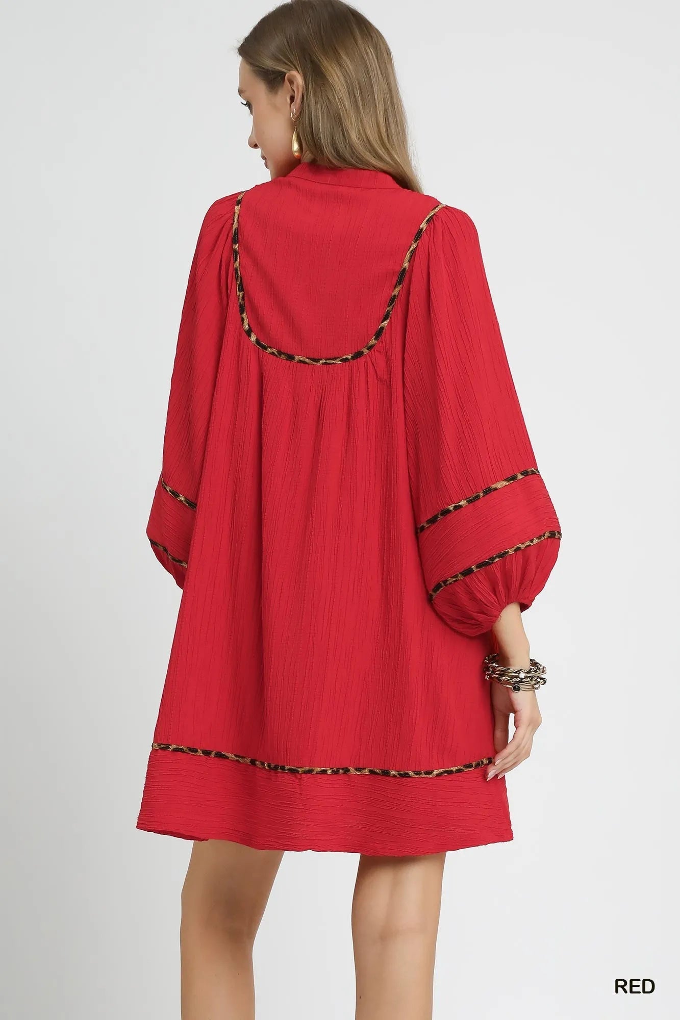 Image of Umgee Textured Babydoll Dress with Leopard Trim | Queeble.shop