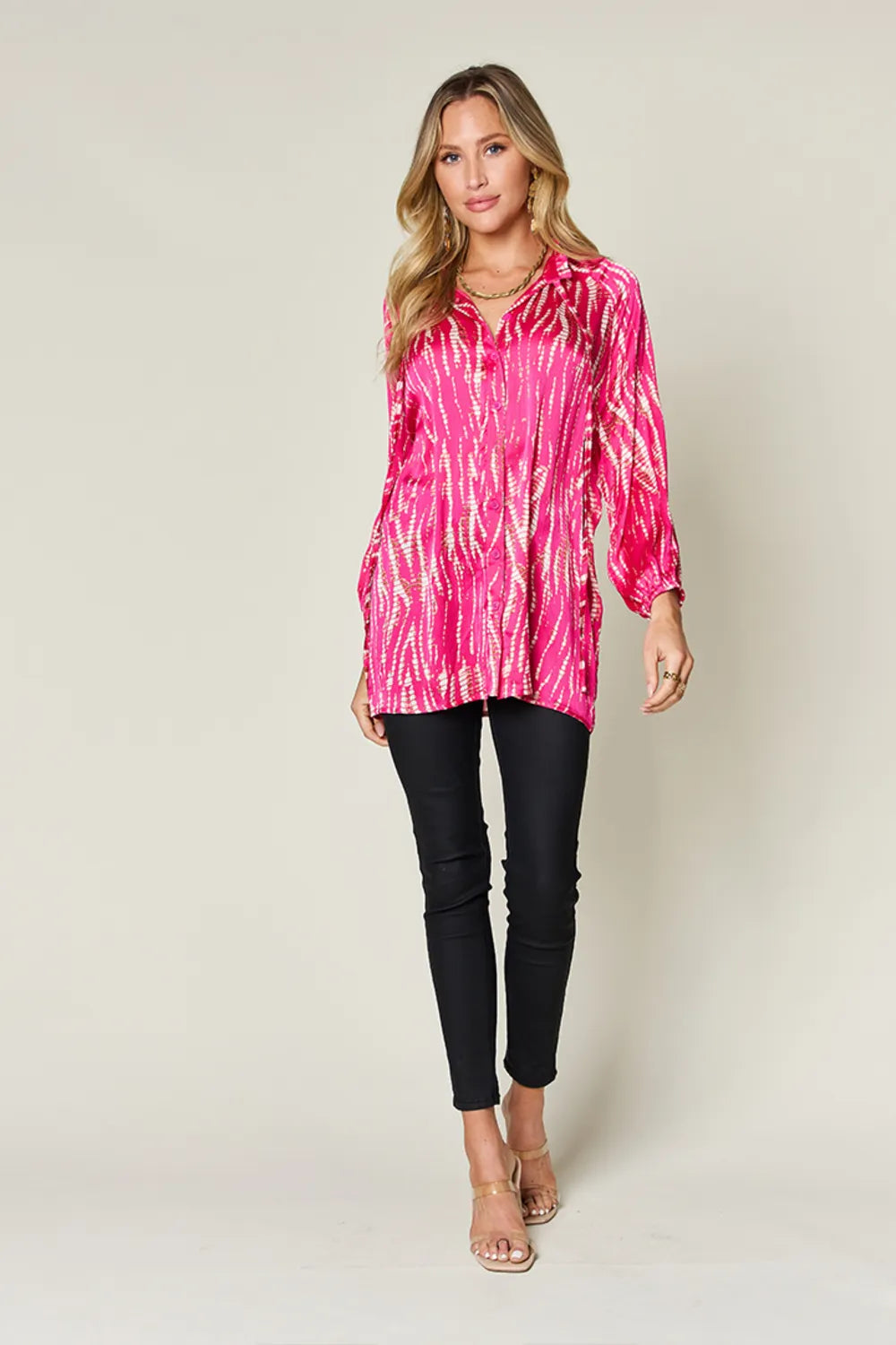 Image of Double Take Full Size Printed Button Up Long Sleeve Shirt | Queeble.shop