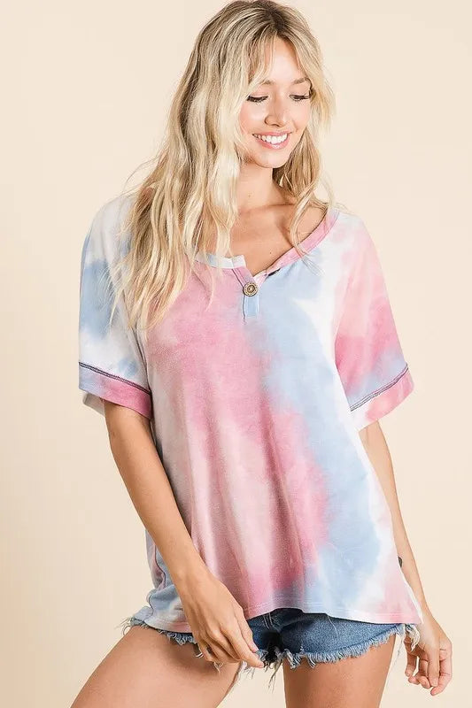 Image of BiBi Tie Dye French Terry Top With Buttoned Placket | Queeble.shop
