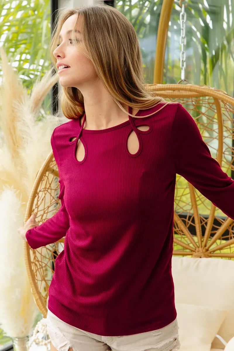 Image of BiBi Rib Knit With Cut Out and Tied Neck Detailed Top | Queeble.shop