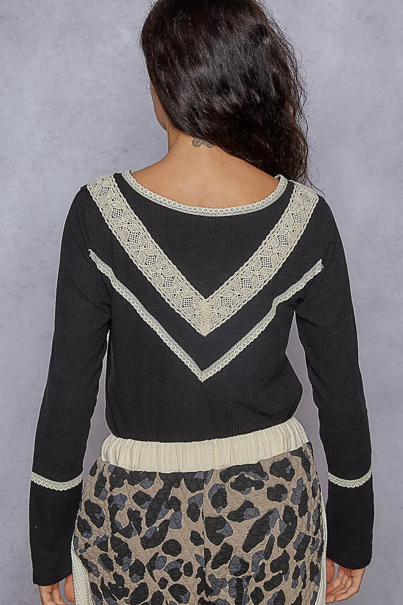 Image of POL Ribbed Half Button Lace Detail Knit Top | Queeble.shop