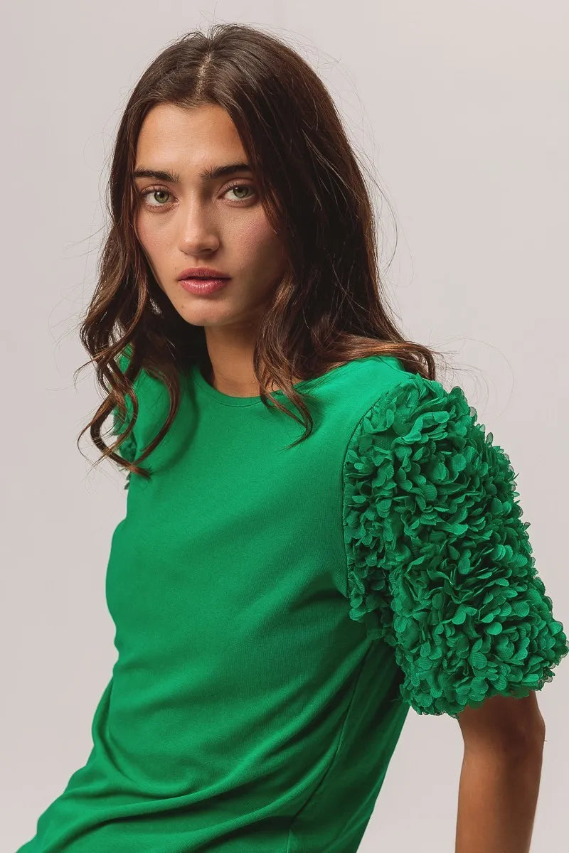Image of BiBi Short Mesh Flower Sleeve Knit Top | Queeble.shop