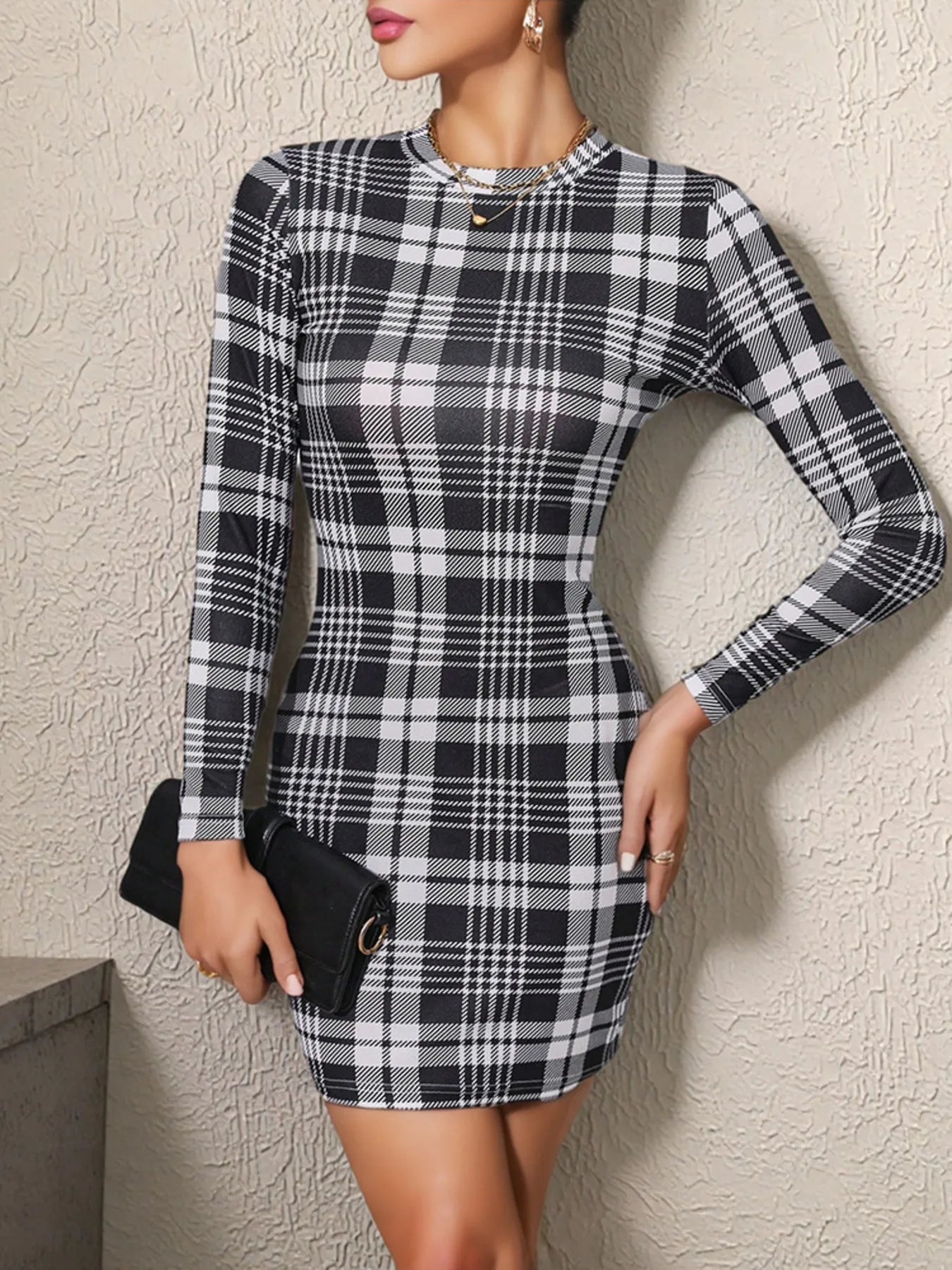 Image of Long Sleeve Plaid Bodycon Mini Dress | Queeble.shop