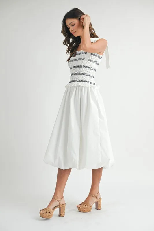 Image of MABLE Smocked Bodice Bubble Midi Dress | Queeble.shop