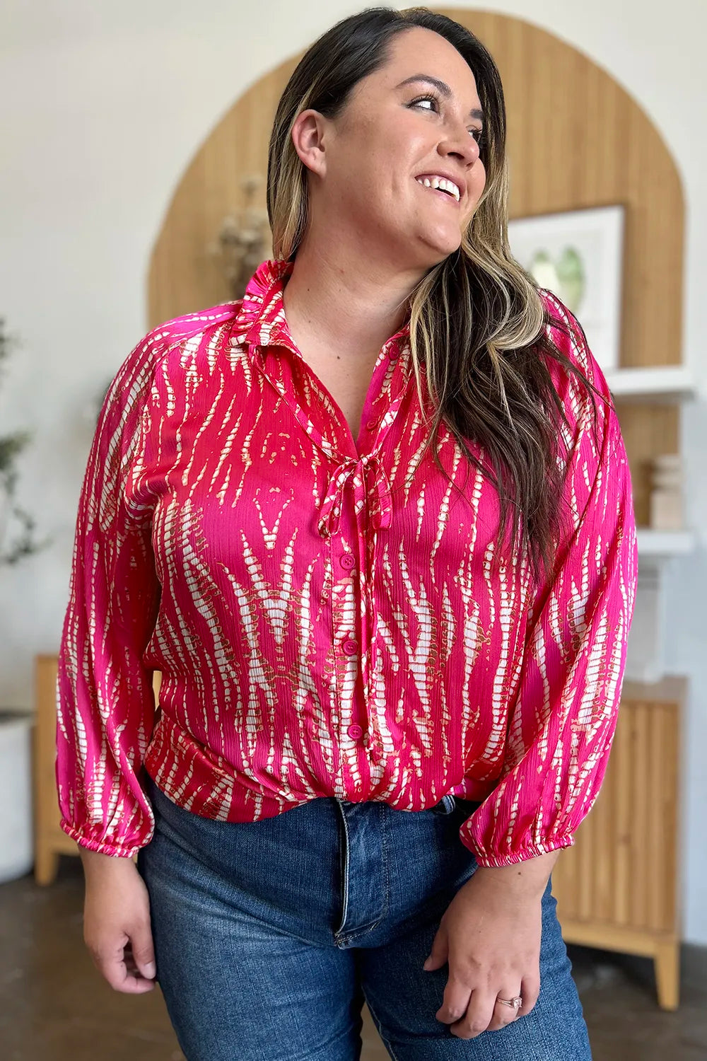 Image of Double Take Full Size Printed Button Up Long Sleeve Shirt | Queeble.shop