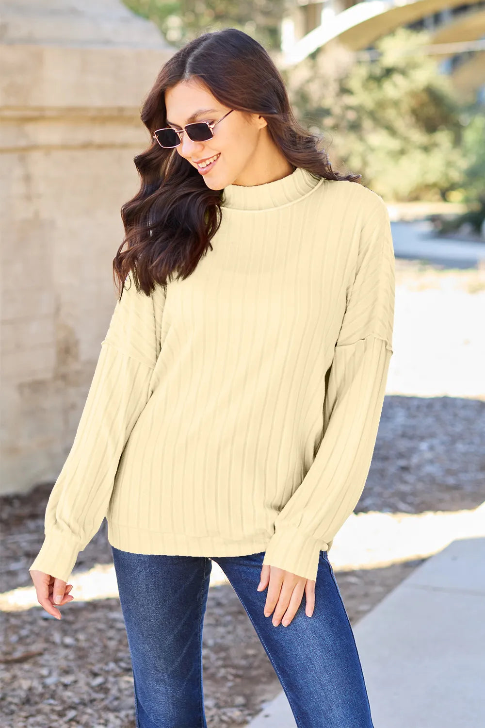 Image of Basic Bae Full Size Ribbed Exposed Seam Mock Neck Knit Top | Queeble.shop