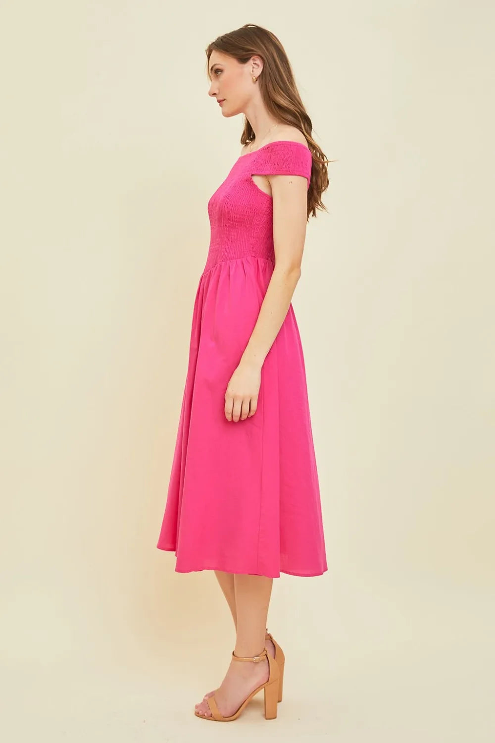 Image of HEYSON Off-Shoulder Smocked Midi Dress | Queeble.shop
