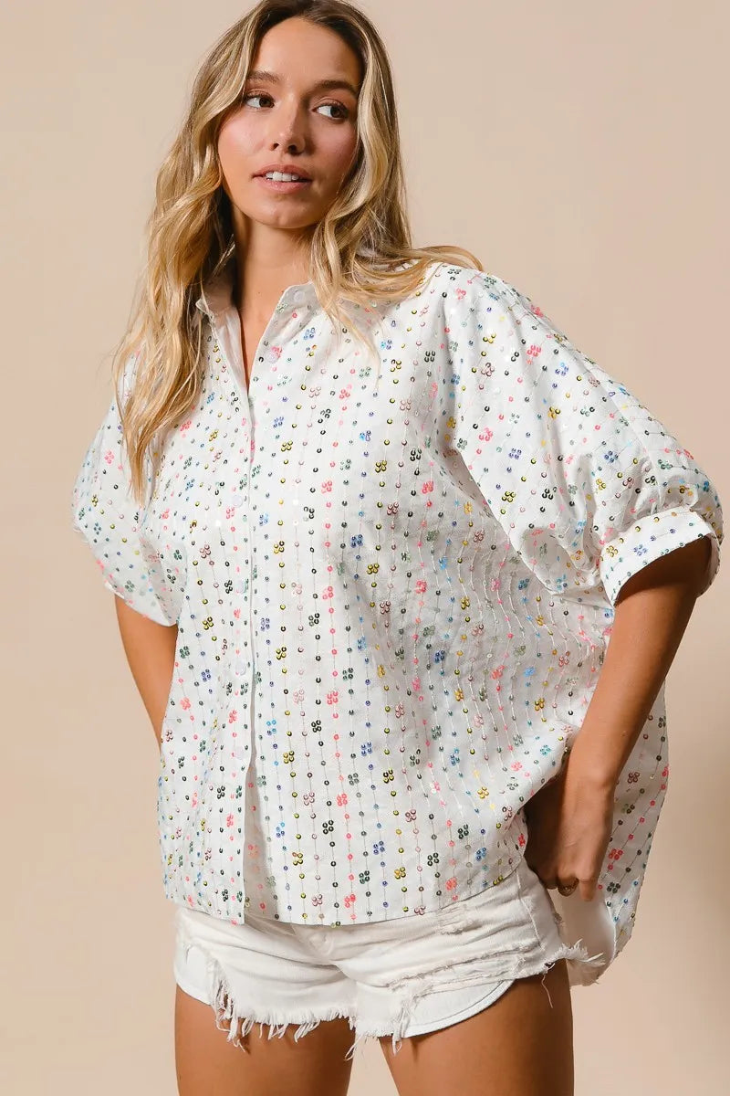 Image of BiBi Sequin Striped Short Dolman Sleeve Blouse | Queeble.shop