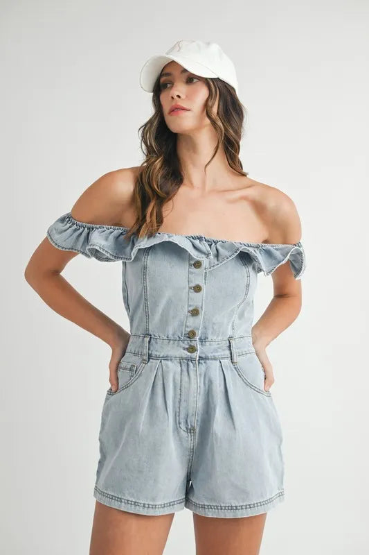 Image of MABLE Off Shoulder Ruffle Detail Denim Romper | Queeble.shop