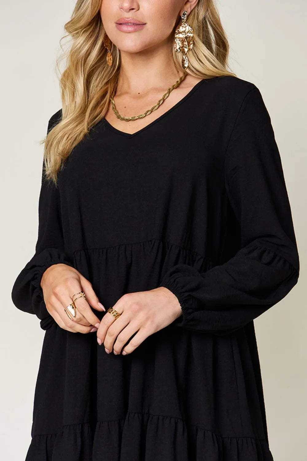Image of Double Take Full Size V-Neck Balloon Sleeve Tiered Dress with Pockets | Queeble.shop