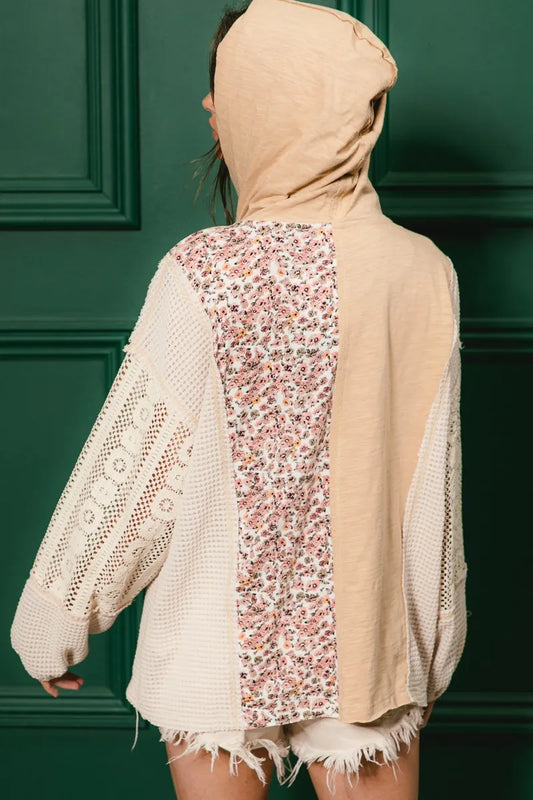Image of BiBi Slub Jersey with Lace Combo Buttoned Hoodie Top | Queeble.shop