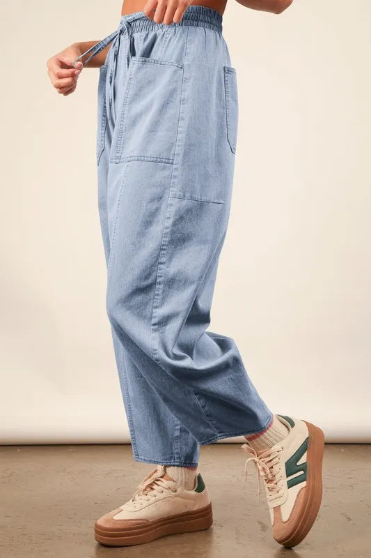 Image of VERY J Washed Chambray Barrel Denim Pants | Queeble.shop