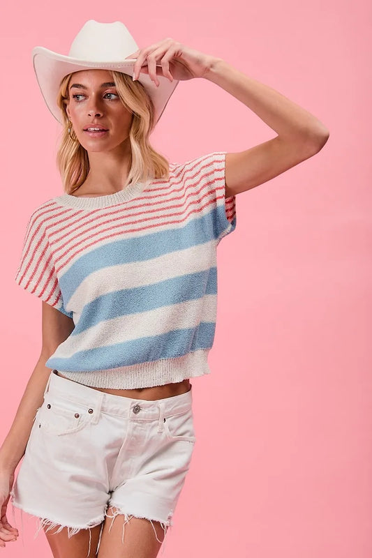 Image of BiBi Stripes Lightweight Short Sleeve Sweater | Queeble.shop