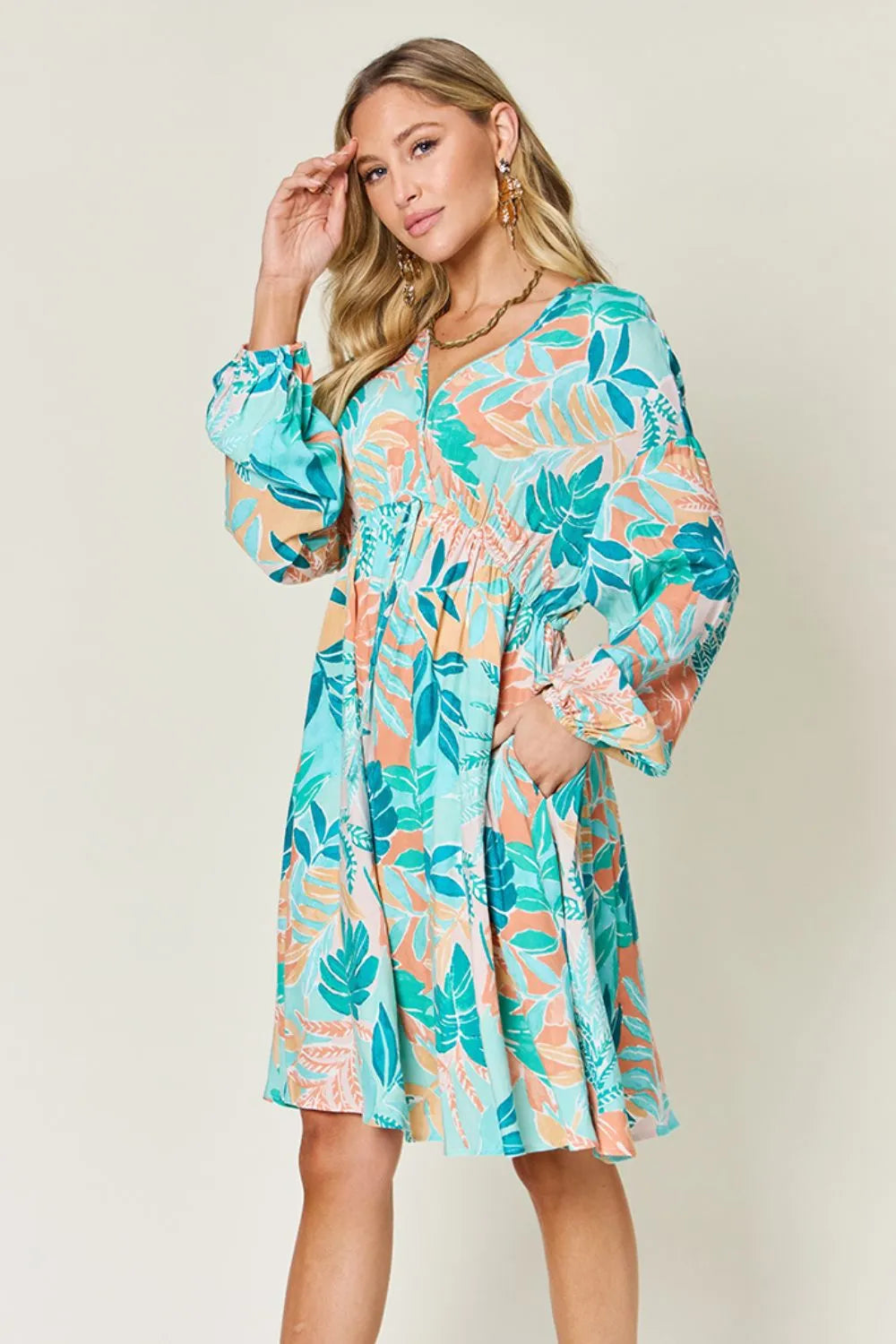 Image of Double Take Full Size Printed V-Neck Drawstring Dress | Queeble.shop