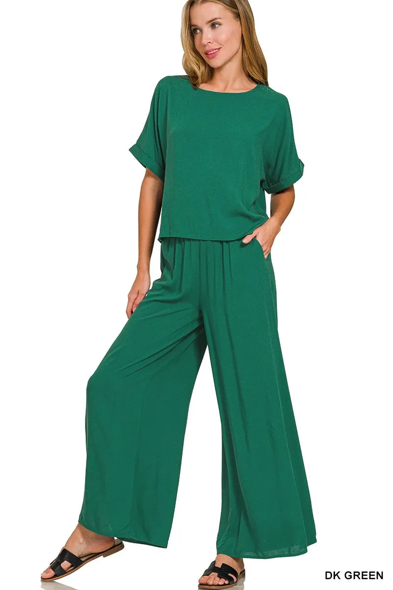 Image of Zenana Round Neck T-Shirt and Wide Leg Pants Set | Queeble.shop