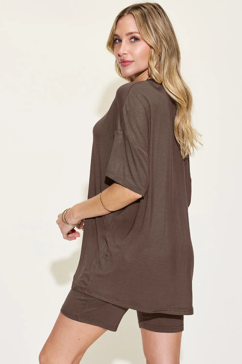 Image of Basic Bae Full Size V-Neck Drop Shoulder T-Shirt and Shorts Set | Queeble.shop