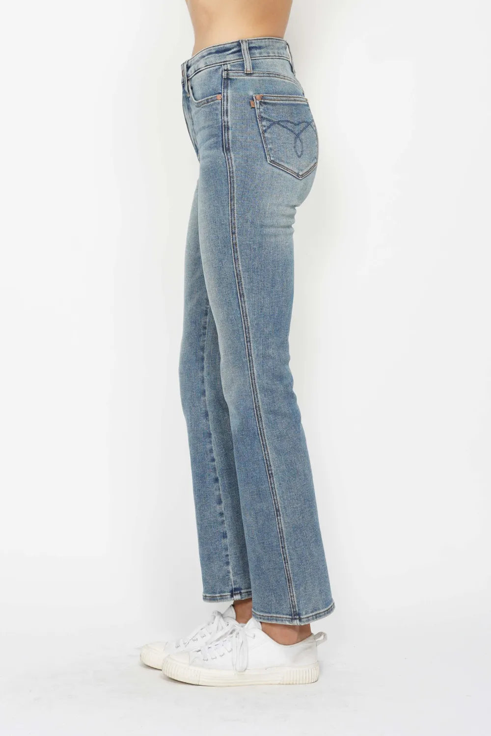 Image of Judy Blue Full Size Tummy Control Back Embroidered Pocketed Bootcut Jeans Plus Size | Queeble.shop