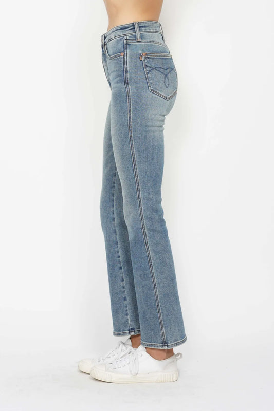 Image of Judy Blue Full Size Tummy Control Back Embroidered Pocketed Bootcut Jeans Plus Size | Queeble.shop