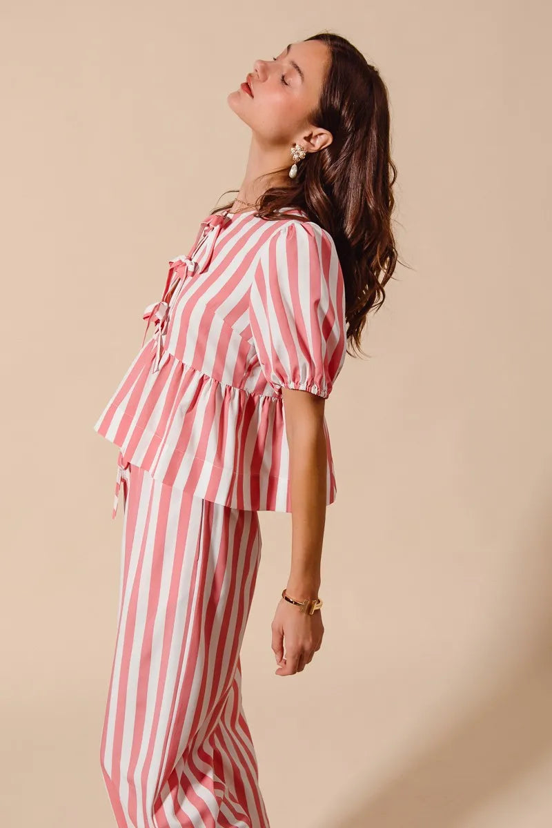 Image of SO ME Front Tie Stripe Top With Puff Sleeves and Wide Leg Pants Set | Queeble.shop