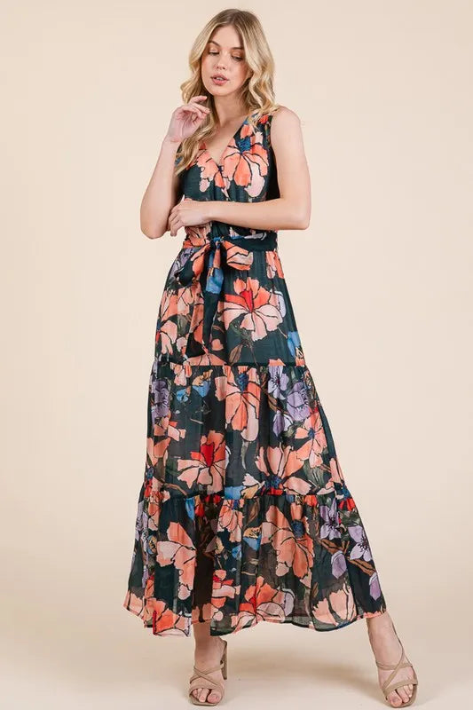 Image of Lime 'N' Chili Floral Print Sleeveless Tie Waist Maxi Dress | Queeble.shop