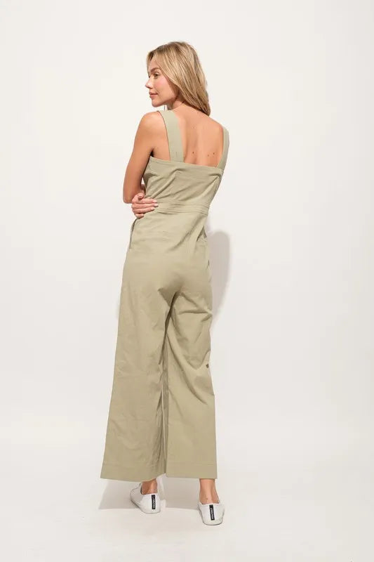 Image of And The Why Square Neck Button Down Cropped Wide Leg Jumpsuit | Queeble.shop