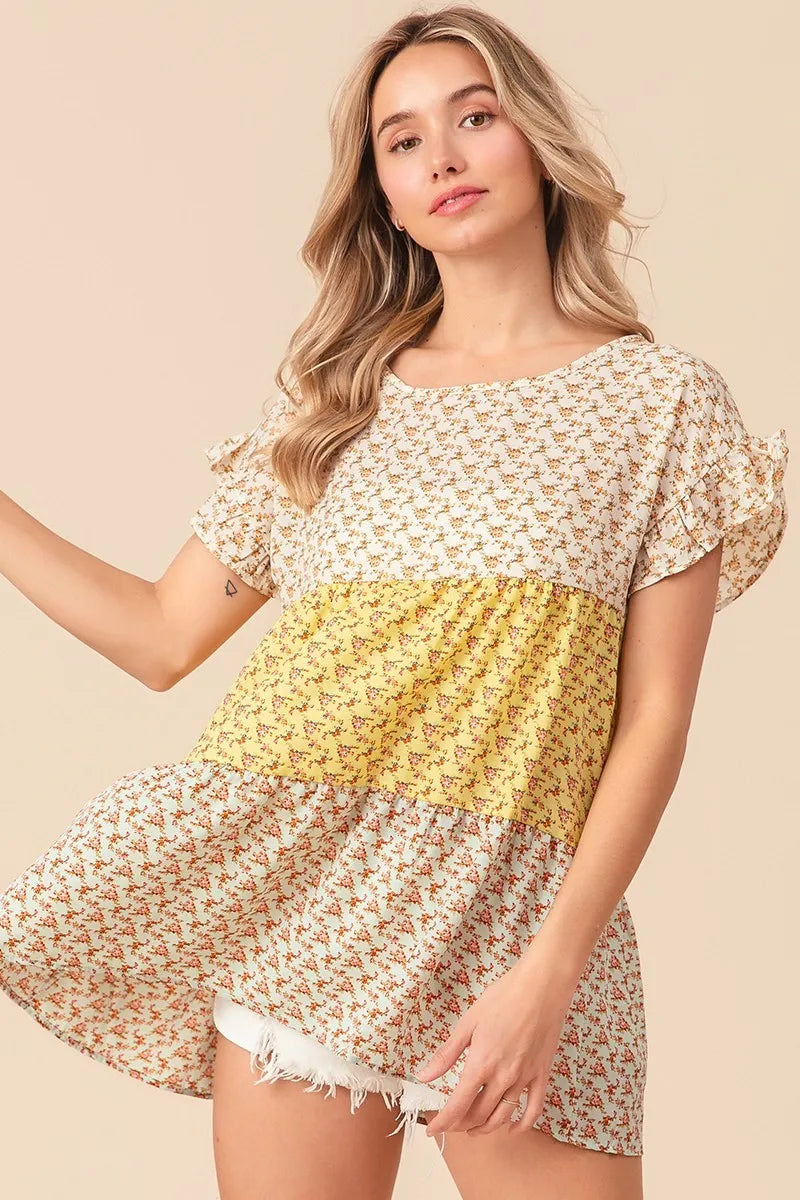 Image of BiBi Flroal Printed Woven Color Block and Tiered Top | Queeble.shop