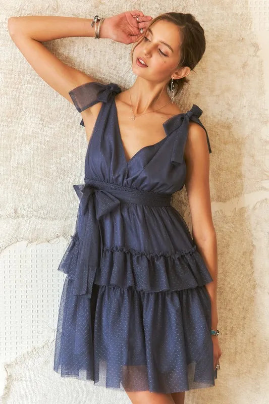 Image of ADORA Tie Shoulder Polka Dot Mesh Dress | Queeble.shop