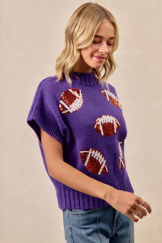 Image of BiBi Gameday Sequin Football Patches Rib Banded Sweater | Queeble.shop