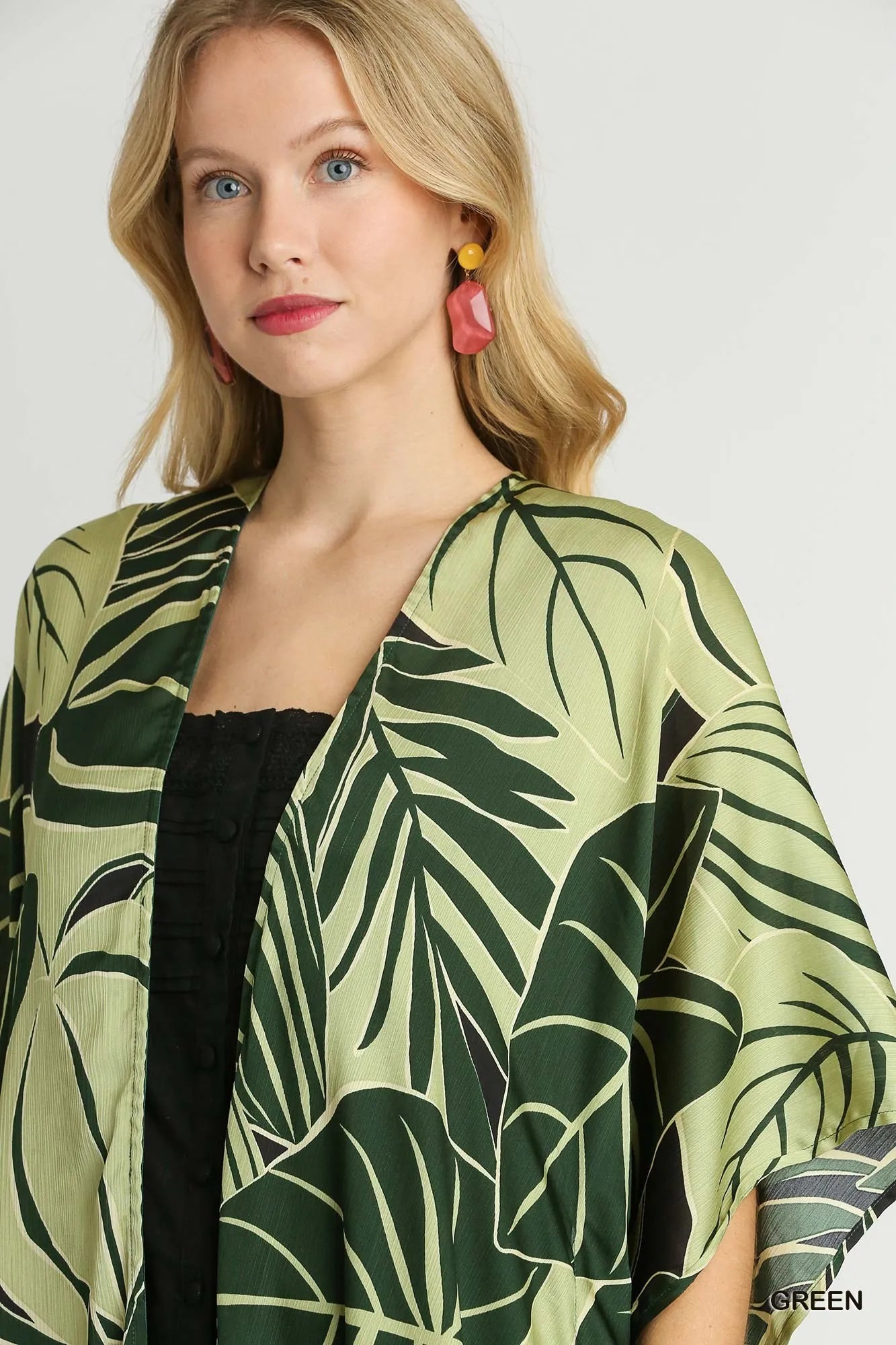 Image of Umgee Satin Tropical Plant Print Open Front Kimono with Ruffle Details | Queeble.shop