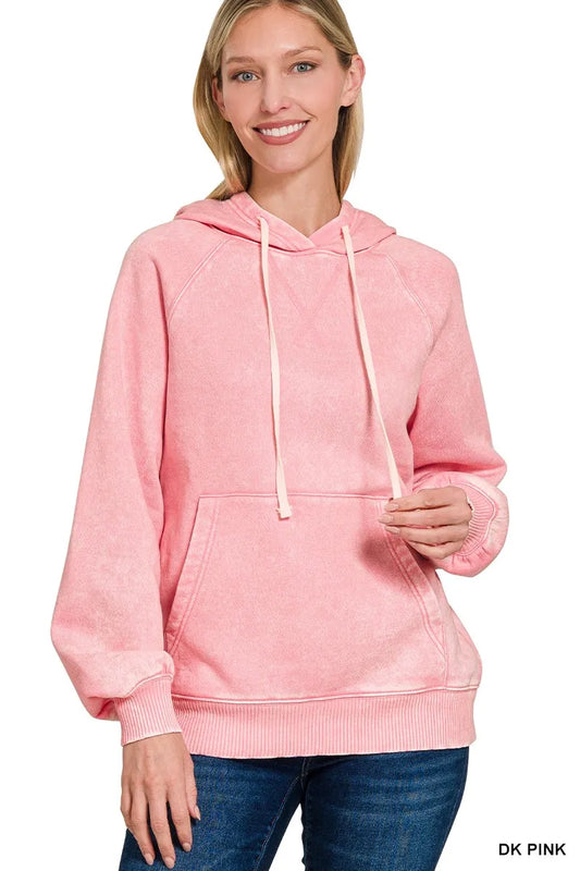 Image of Zenana Acid Wash Fleece Hoodie with Kangaroo Pocket | Queeble.shop