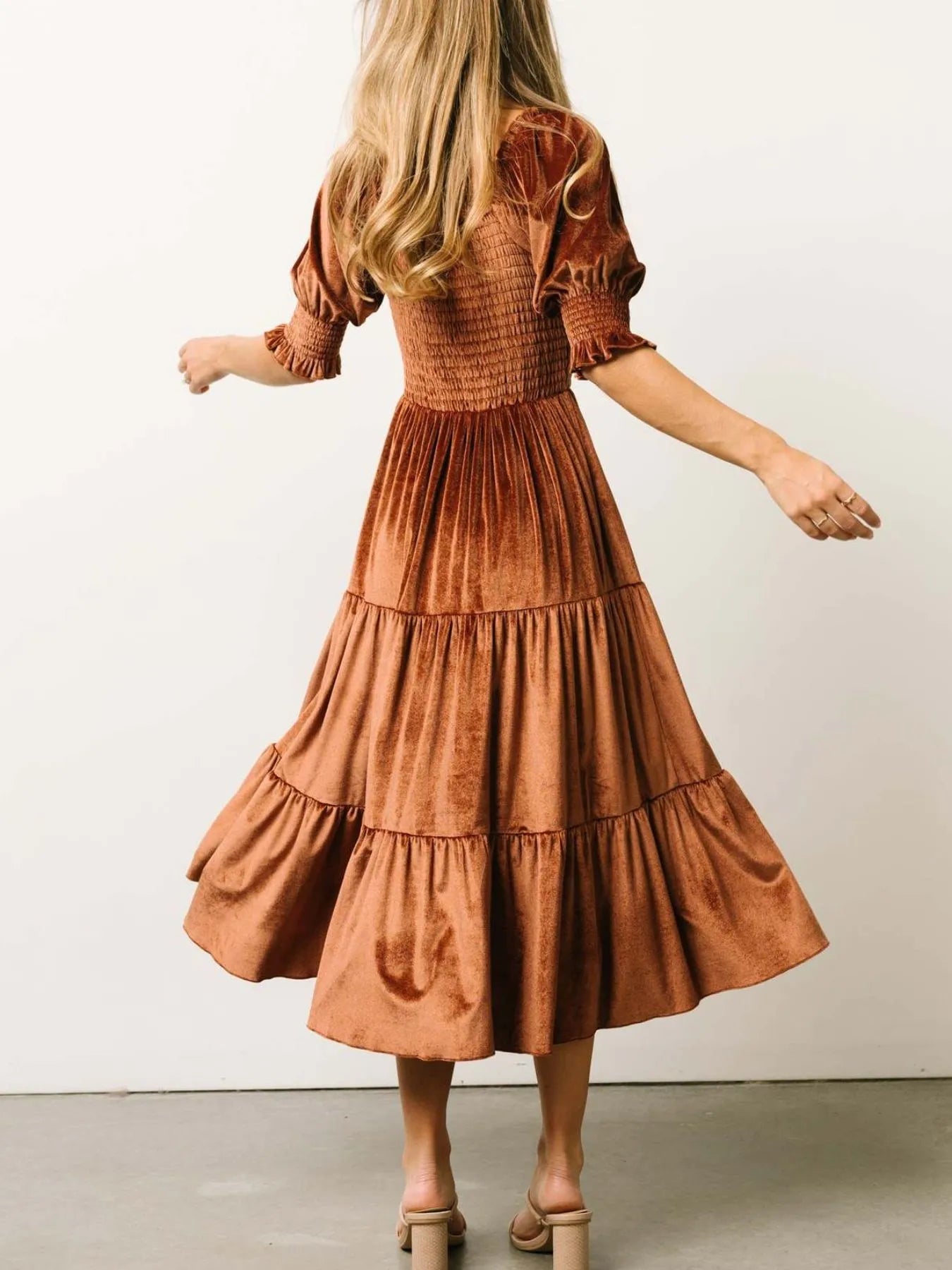 Image of Smocked Half Sleeve Tiered Midi Dress | Queeble.shop