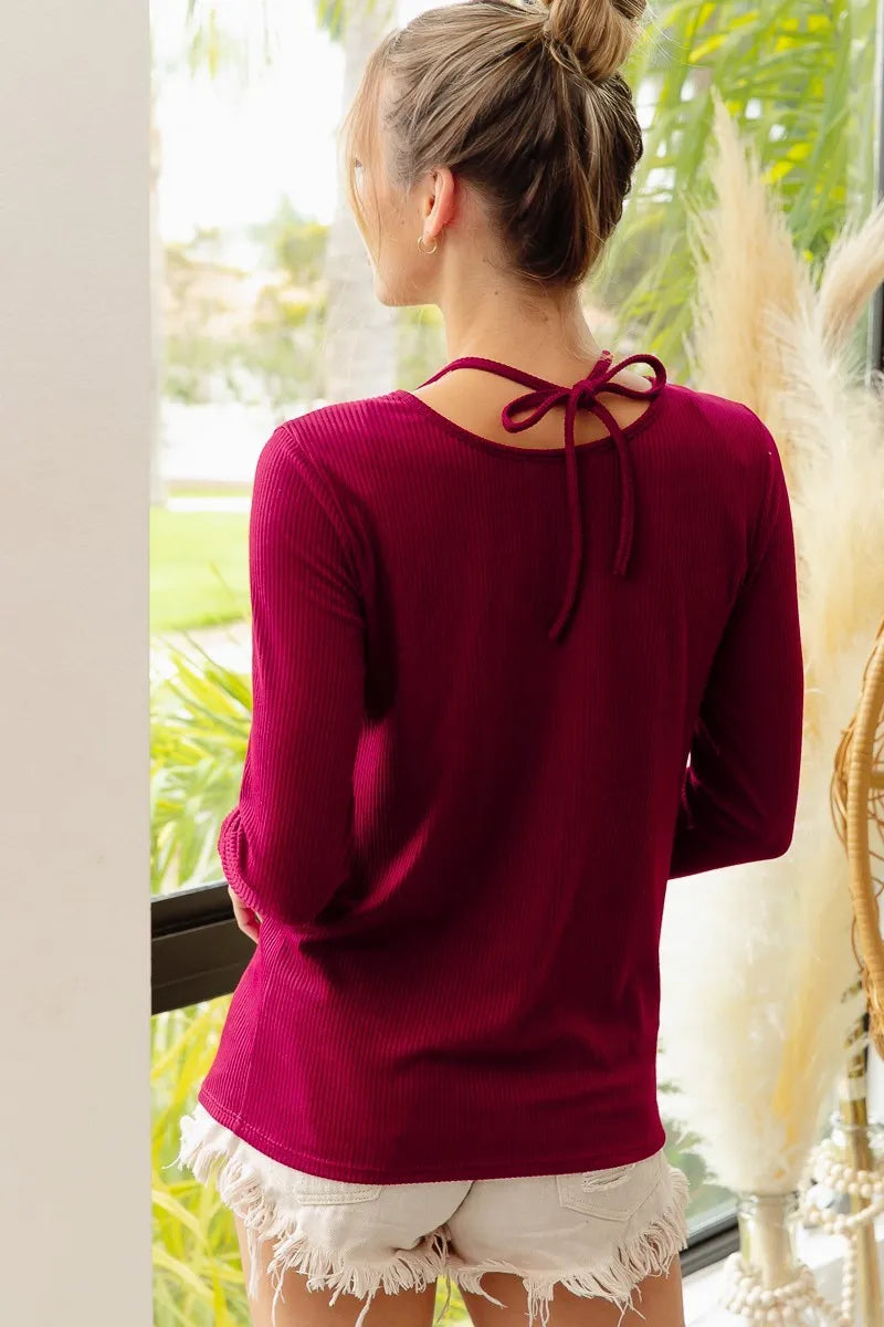 Image of BiBi Rib Knit With Cut Out and Tied Neck Detailed Top | Queeble.shop