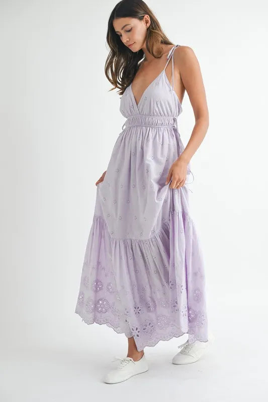 Image of MABLE Eyelet Lace Maxi Dress With Side Strap Details | Queeble.shop