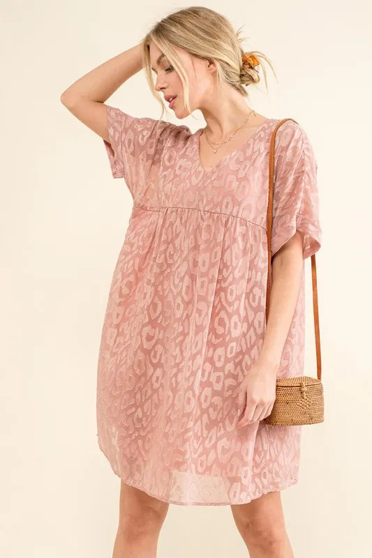 Image of And The Why Woven Leopard Baby Doll Roll-Sleeve Casual Dress | Queeble.shop