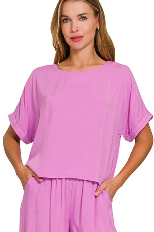 Image of Zenana Round Neck T-Shirt and Wide Leg Pants Set | Queeble.shop