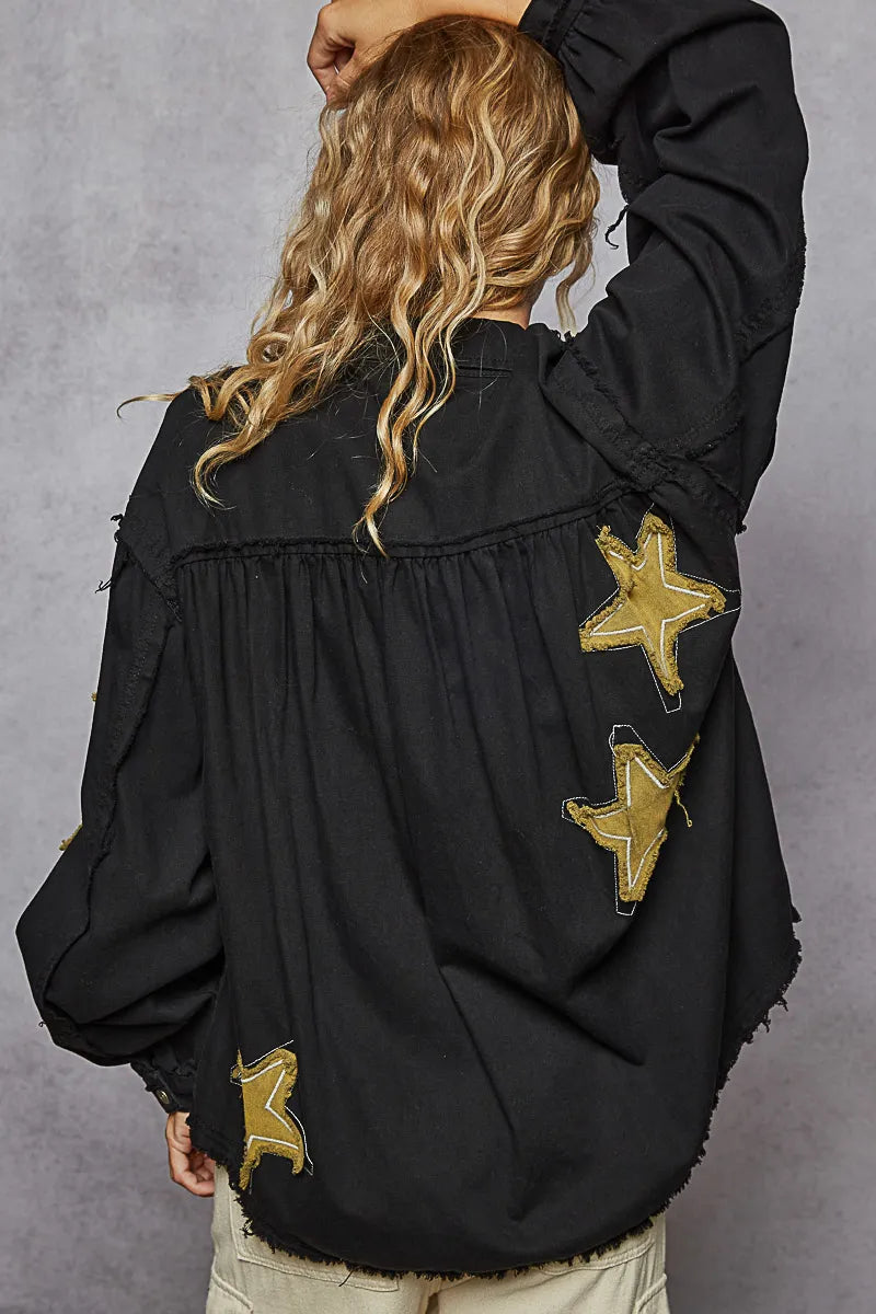 Image of POL Star Patch Raw Hem Button Up Denim Jacket | Queeble.shop