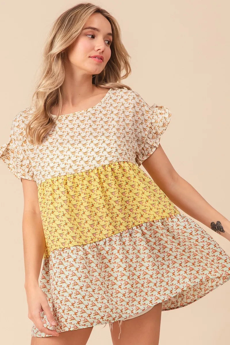 Image of BiBi Flroal Printed Woven Color Block and Tiered Top | Queeble.shop