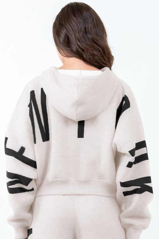 Image of American Bazi Letter Graphic Long Sleeve Drawstring Cropped Hoodie | Queeble.shop
