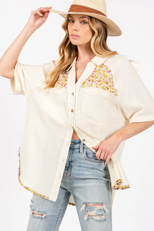 Image of SAGE + FIG Full Size Floral Detail Button Up Short Sleeve Shirt | Queeble.shop